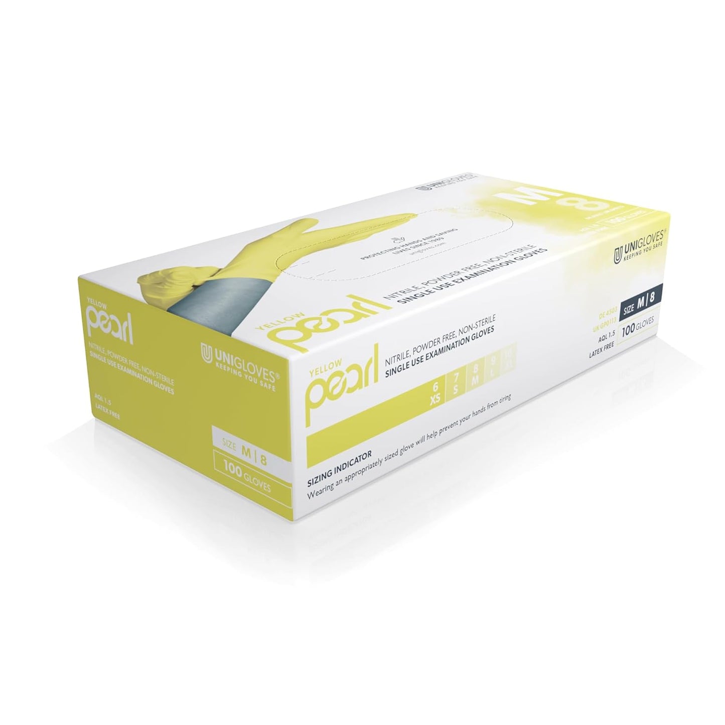 Unigloves Yellow Pearl Nitrile Examination Gloves - Multipurpose, Powder Free and Latex Free Disposable Gloves - Box of 100 Gloves, Yellow, Large (GP0114)