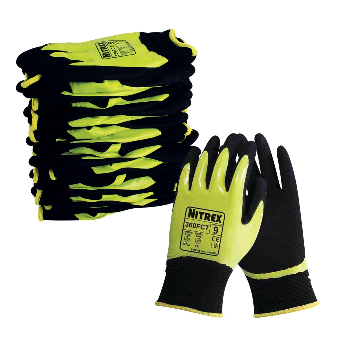 NITREX 360FCT Work and Safety Gloves, Bag of 10 Pairs - Double Dipped Thermal Yellow Gloves with Sandy Nitrile Palm Coating in Black/Neon Yellow, Size 7