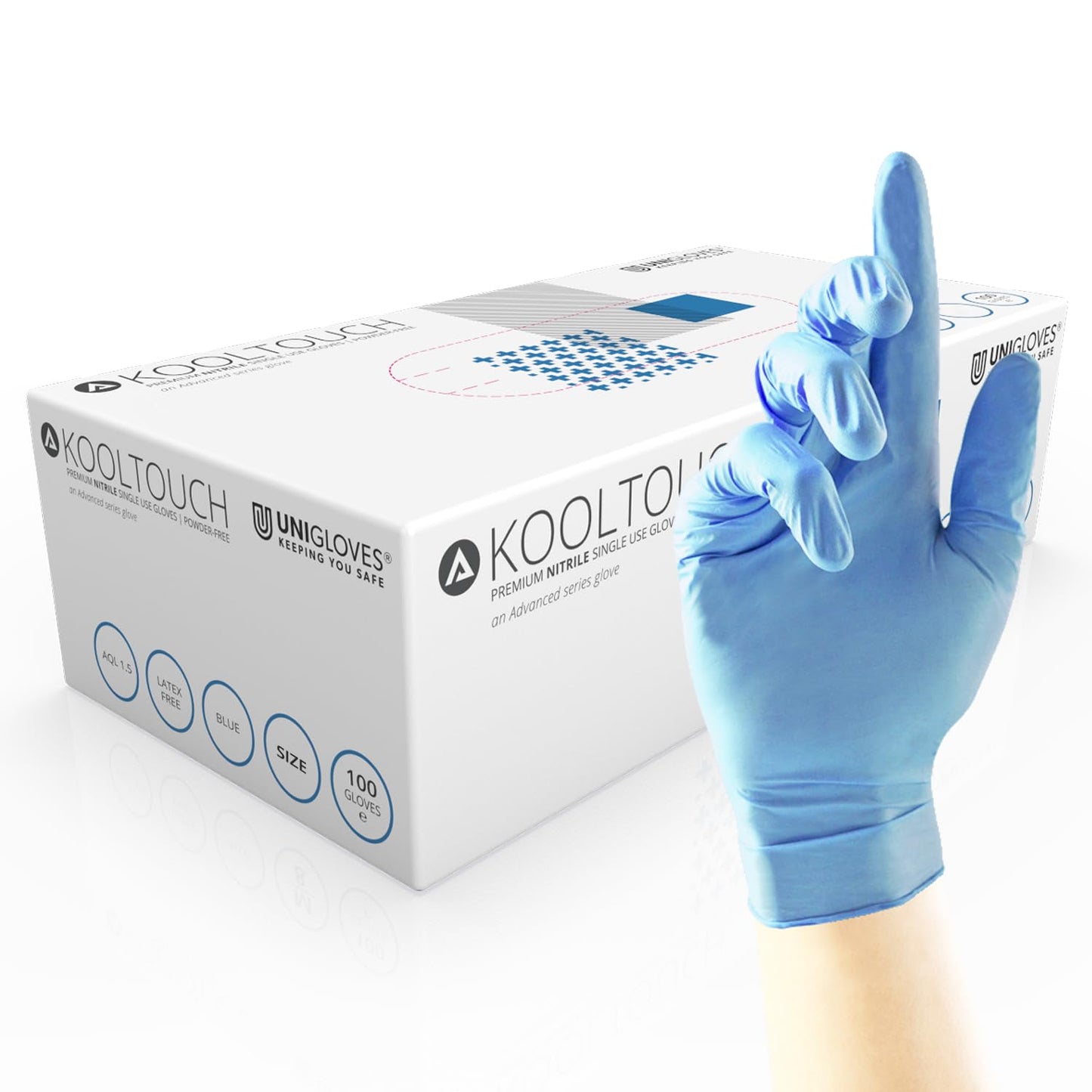 Unigloves Kooltouch Disposable Nitrile Gloves - Powder and Latex Free, Medical Grade, Examination Gloves, Ideal for Dentistry, Healthcare and Food Processing, Blue, Extra Small