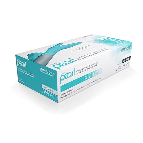 Unigloves Aqua Blue Pearl Nitrile Examination Gloves - Multipurpose, Powder Free and Latex Free Disposable Gloves - Box of 100 Gloves, Aqua Blue, Small (GP0092)