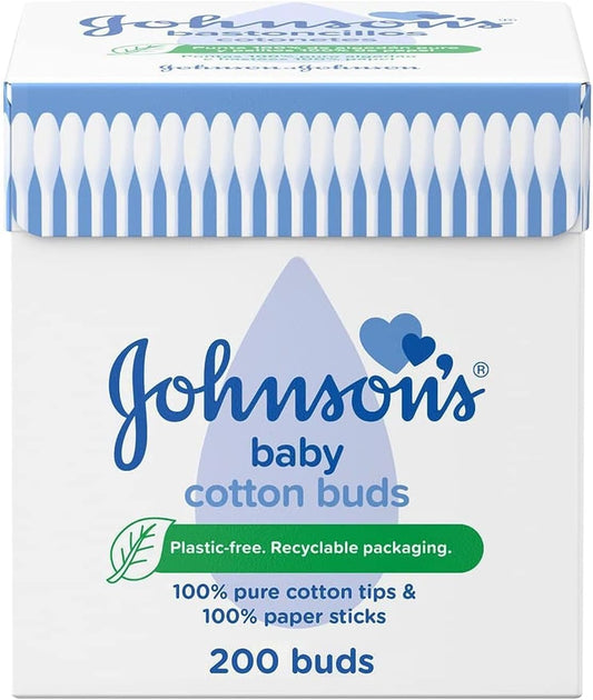 Johnson's Baby Cotton Buds (1 x Pack of 200) Soft & Gentle Ear Buds for Delicate Skin, Made of 100% Pure Cotton and Paper Sticks, Plastic-Free to Clean Delicate Areas, around Eyes and Outer Ear
