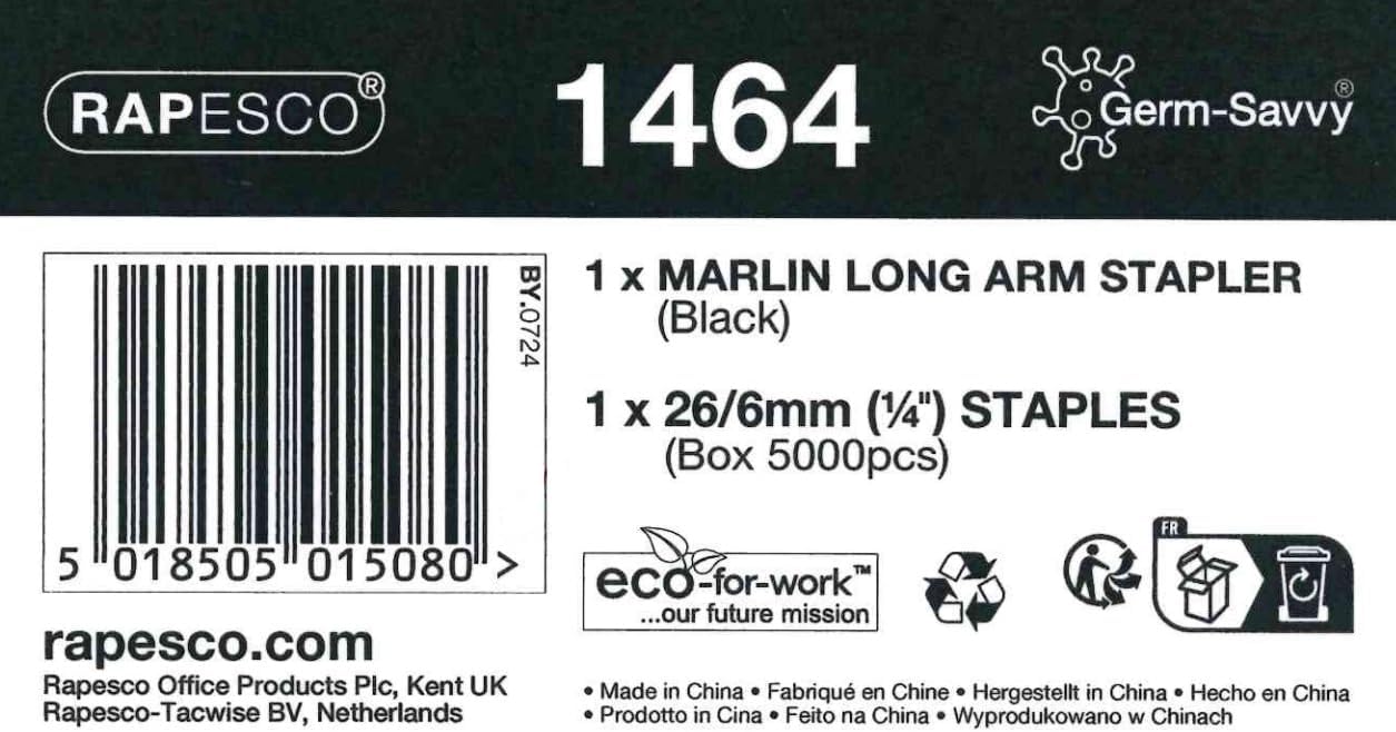 Rapesco 1464 Germ-Savvy Antibacterial, Marlin Long Arm Stapler & 5000 x 26/6 mm Staples, Black