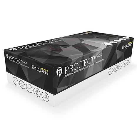 Unigloves PRO.TECT Black GA0044 Nitrile Single Use - Multipurpose, Powder Free Disposable Gloves, Box of 100 Gloves, Black, Large