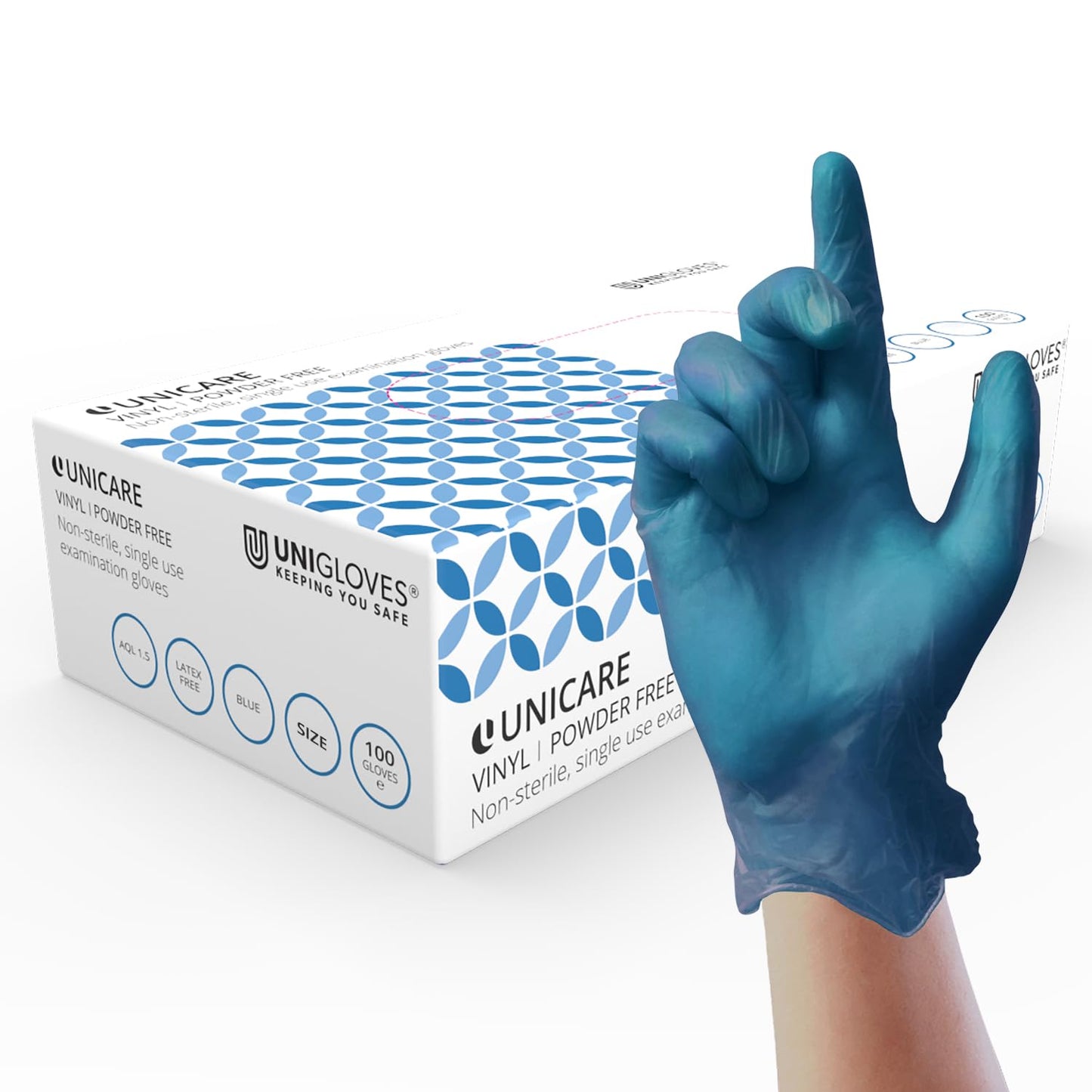 Unicare Vinyl Examination Glove, Medical Grade EN455, Medium Weight, Box of 100 Gloves, Blue, Size Small (GS0082-A)