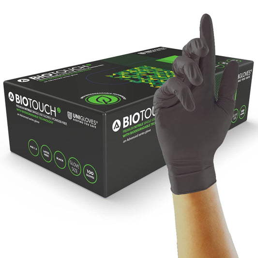 Unigloves BioTouch Nitrile Disposable Gloves - Biodegradable, Multipurpose, Medical Grade Examination Gloves - Box of 100 Gloves, Black, Extra Small (GM0091)