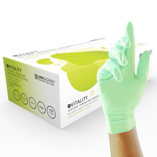 Unigloves Vitality Latex Mint GD0011 Examination - Multipurpose, Scented, Powder Free Disposable Gloves, Box of 100 Gloves, Green, Extra Small