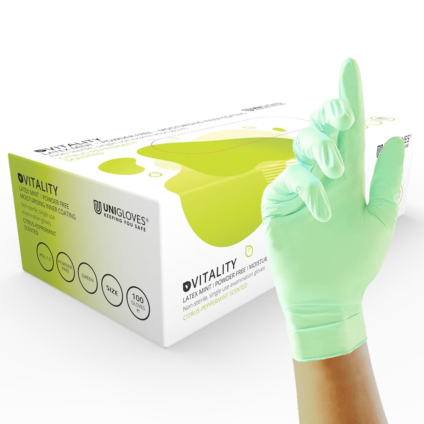 Unigloves Vitality Latex Mint GD0011 Examination - Multipurpose, Scented, Powder Free Disposable Gloves, Box of 100 Gloves, Green, Extra Small