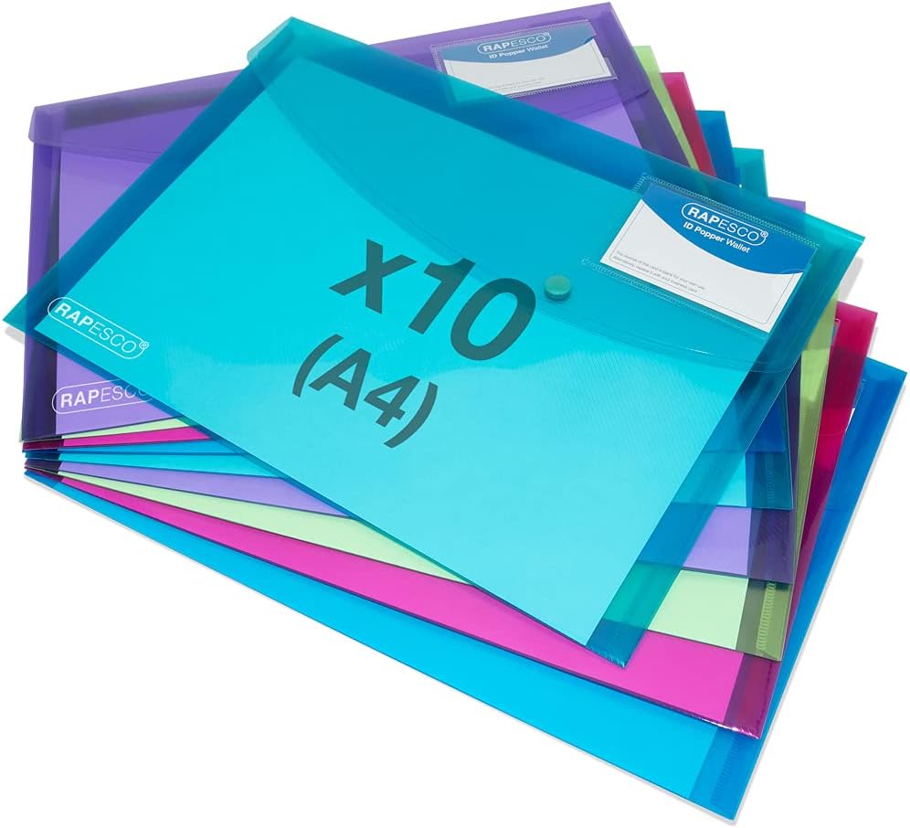 Rapesco 1681 ID Popper Wallet, A4+, Bright Transparent Colours, Pack of 10