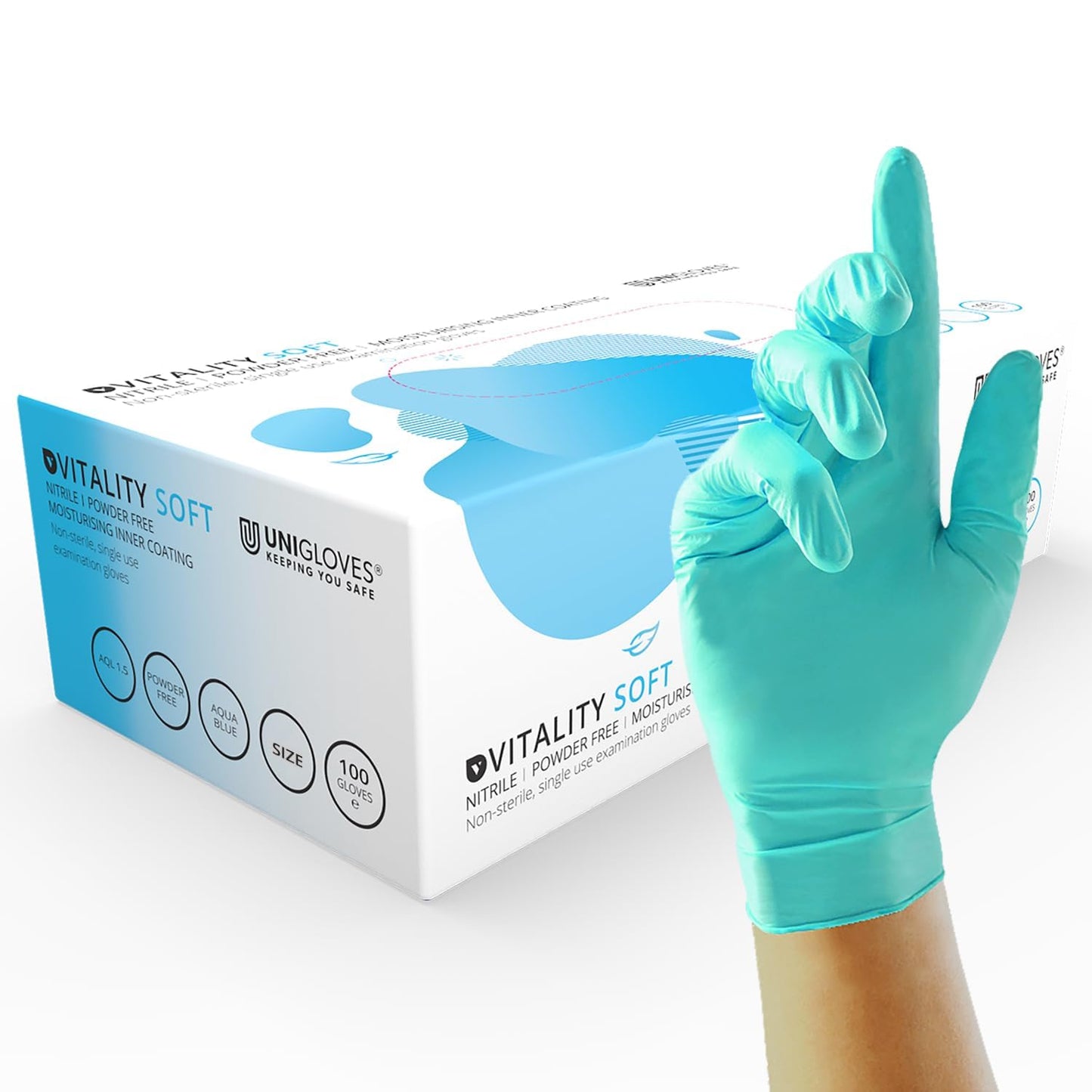 Unigloves Vitality Nitrile GD0053 Moisturising Examination - Multipurpose, Powder and Latex Free Disposable Gloves, Box of 100 Gloves, Aqua Blue, Medium