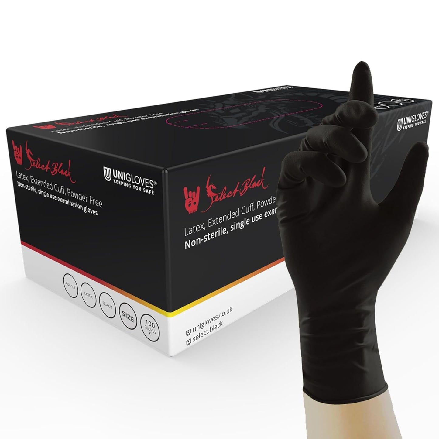 Unigloves Select Black Latex Extended Cuff GT0011 Single Use - Multipurpose, Powder Free Disposable Gloves, Optimised for Tattoo Artists, Box of 100 Gloves, Black, Extra Small Visit the UNIGLOVES Store