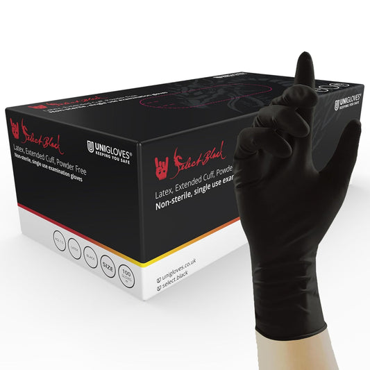 Unigloves Select Black Latex Extended Cuff GT0011 Single Use - Multipurpose, Powder Free Disposable Gloves, Optimised for Tattoo Artists, Box of 100 Gloves, Black, Extra Small Visit the UNIGLOVES Store
