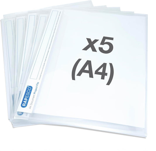 Rapesco 1258 Document Project File, A4, Clear Transparent, Pack of 5