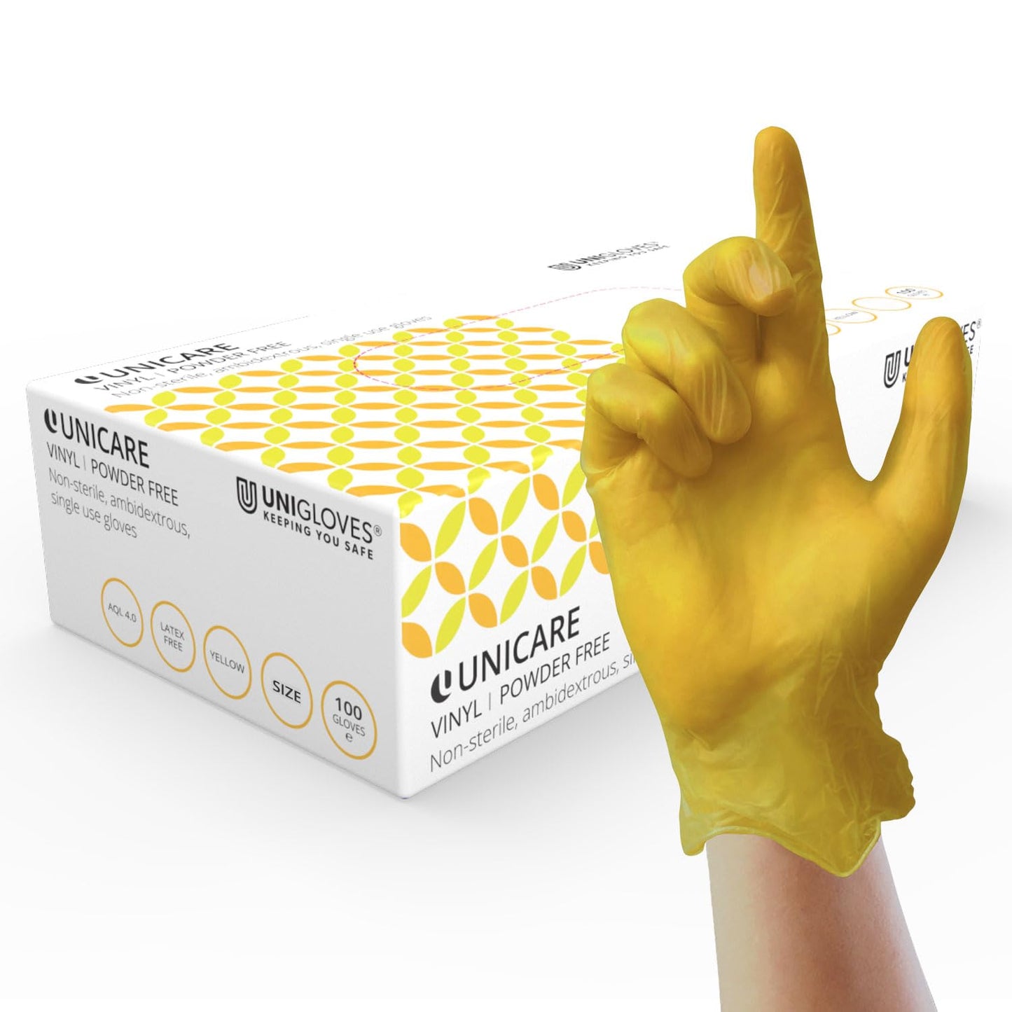 Unigloves Unicare Vinyl Disposable Gloves - Multipurpose, Powder and Latex Free Examination Gloves - Box of 100 Gloves, Yellow, Small (GS0102)
