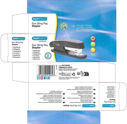 Rapesco RR7260B3 Germ-Savvy Antibacterial, Sting Ray Half Strip Stapler, Black