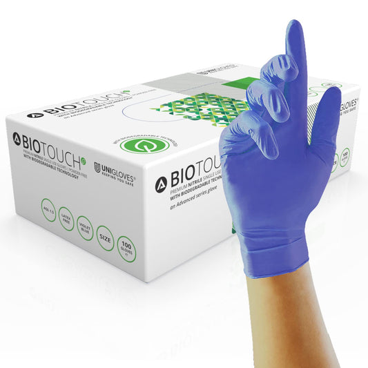 Unigloves BioTouch Nitrile Disposable Gloves - Biodegradable, Multipurpose, Medical Grade Examination Gloves - Box of 100 Gloves, Blue, Extra Small (GM0081)