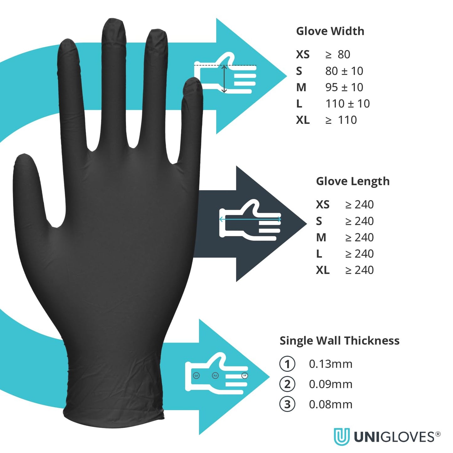 Unigloves PRO.TECT Black GA0044 Nitrile Single Use - Multipurpose, Powder Free Disposable Gloves, Box of 100 Gloves, Black, Large