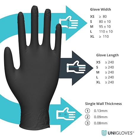 Unigloves PRO.TECT Black GA0044 Nitrile Single Use - Multipurpose, Powder Free Disposable Gloves, Box of 100 Gloves, Black, Large