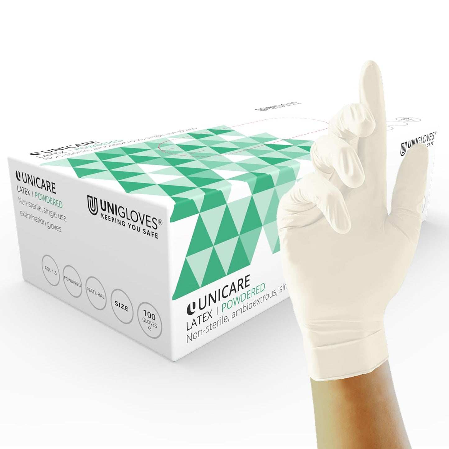 Unigloves Unicare Latex GS0023 Single Use - Multipurpose, Lightly Powdered Disposable Gloves, Box of 100 Gloves, Natural, Medium