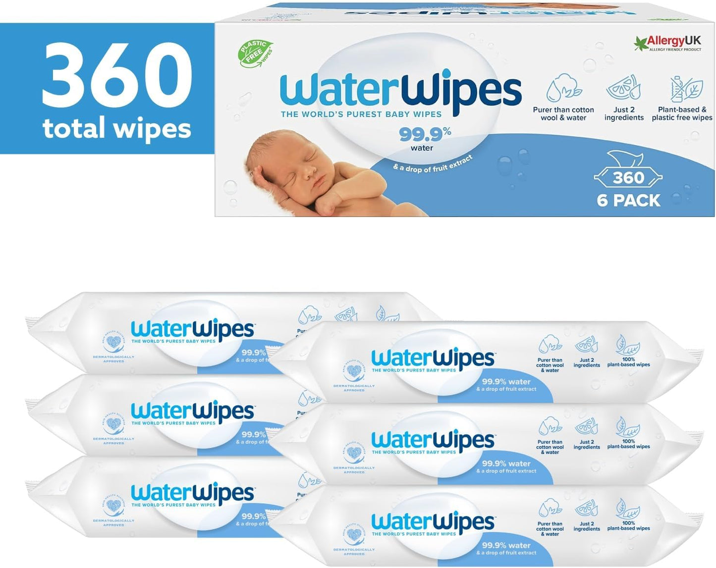 WaterWipes Plastic-Free Original Baby Wipes, 360 Count (6 packs), 99.9% Water Based Wipes, Unscented for Sensitive Skin
