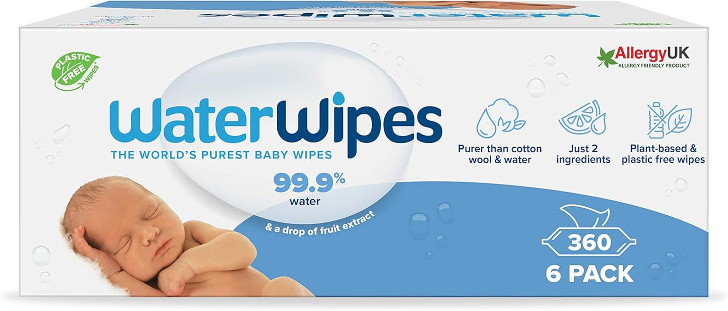 WaterWipes Plastic-Free Original Baby Wipes, 360 Count (6 packs), 99.9% Water Based Wipes, Unscented for Sensitive Skin