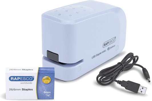Rapesco 1452 626EL Automatic USB/Battery Stapler with 1000 26/6mm Staples, 15 Sheet Capacity, Powder Blue