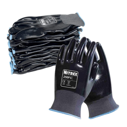 Nitrex 250FC Work Gloves - General Handling Safety Gloves - Resistant to Abrasions, Cuts, Tears, and Punctures - Full Nitrile Coating for Mechanical and Industrial Protection - 10 Pairs - Size 6