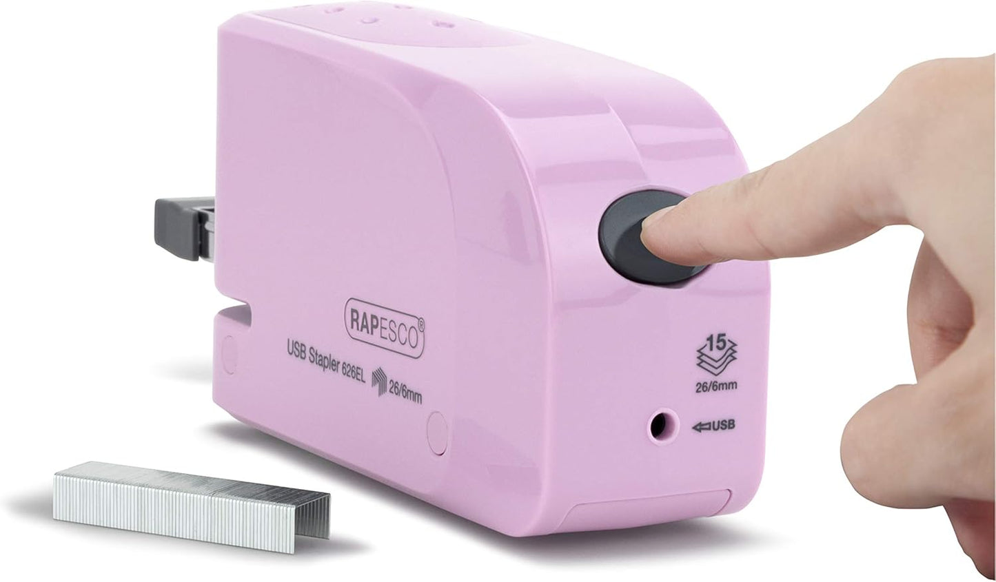 Rapesco 1451 626EL Automatic USB/Battery Stapler with 1000 26/6mm Staples, 15 Sheet Capacity, Candy Pink