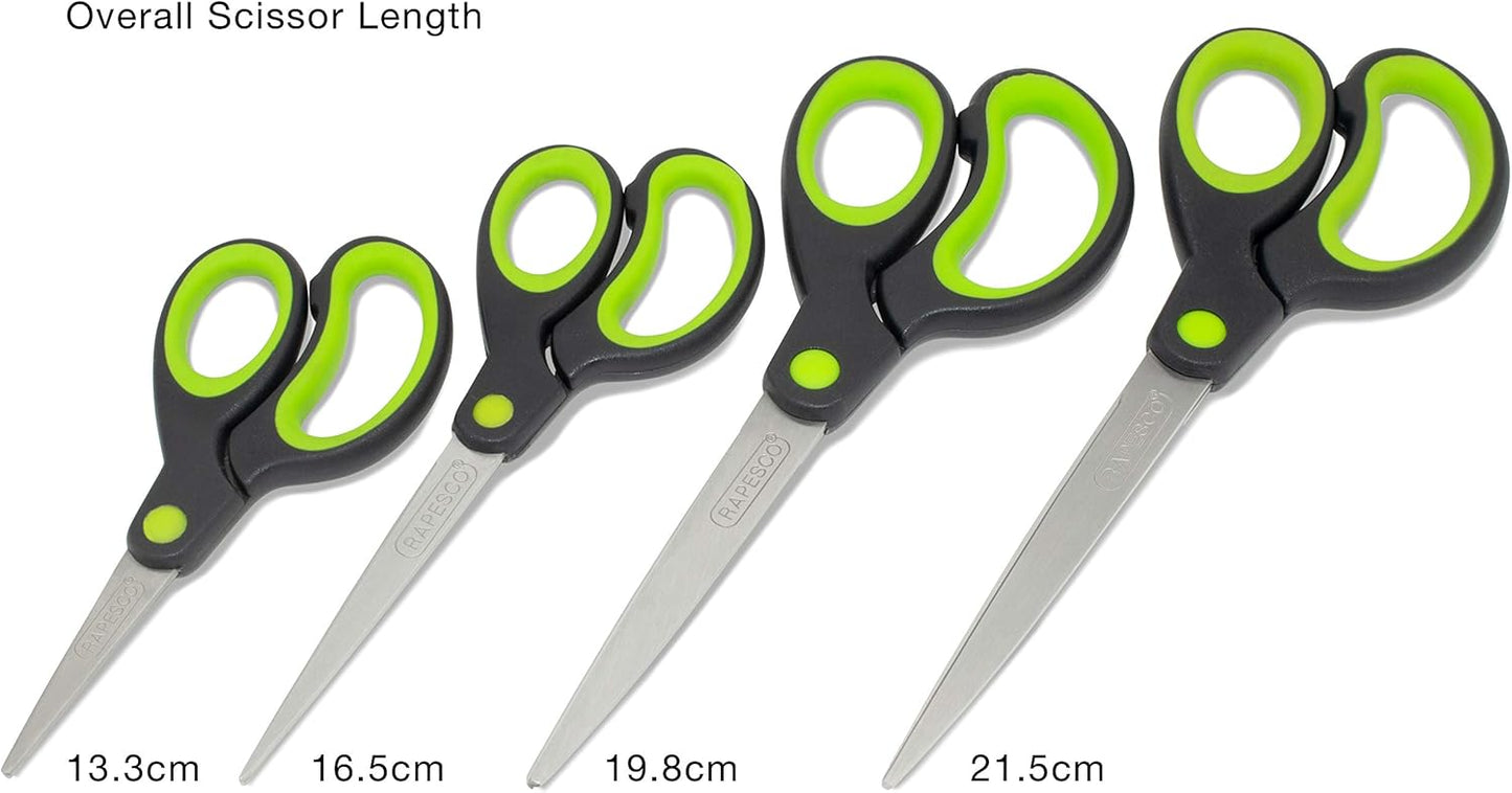 Rapesco 1576 Soft Grip Handle Scissors, Black/Green, Set of 4