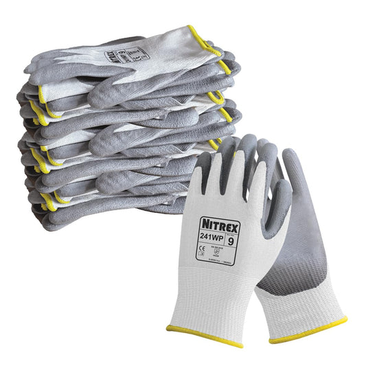 NITREX 241WP 10 Pairs of Work Safety Gloves, PU Palm Coated, 13 Gauge Seamless Liner, Cut Resistant ISO Level B, Excellent Dry Grip, Sanitized Actifresh, Colour White/Grey, Size 6 (241WP-06)