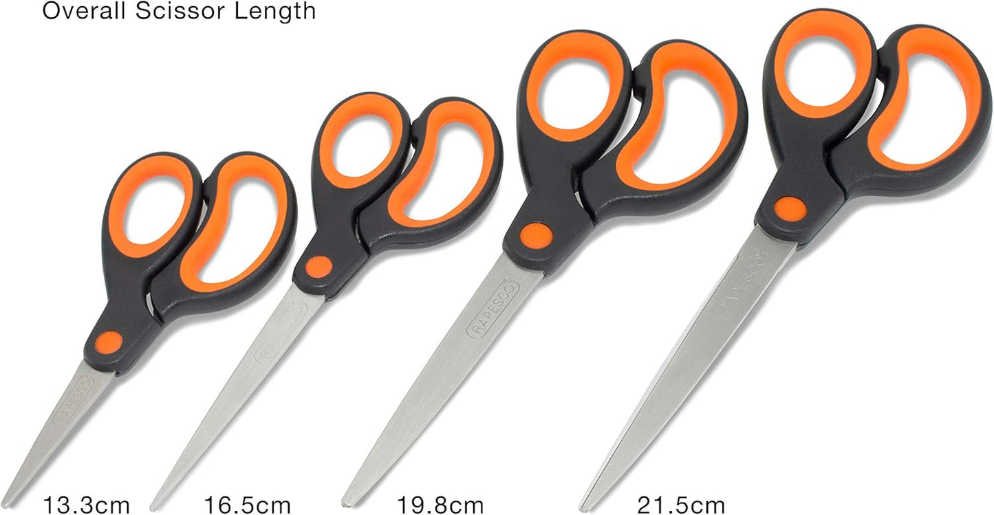 Rapesco 1577 Soft Grip Handle Scissors, Black/Orange, Set of 4