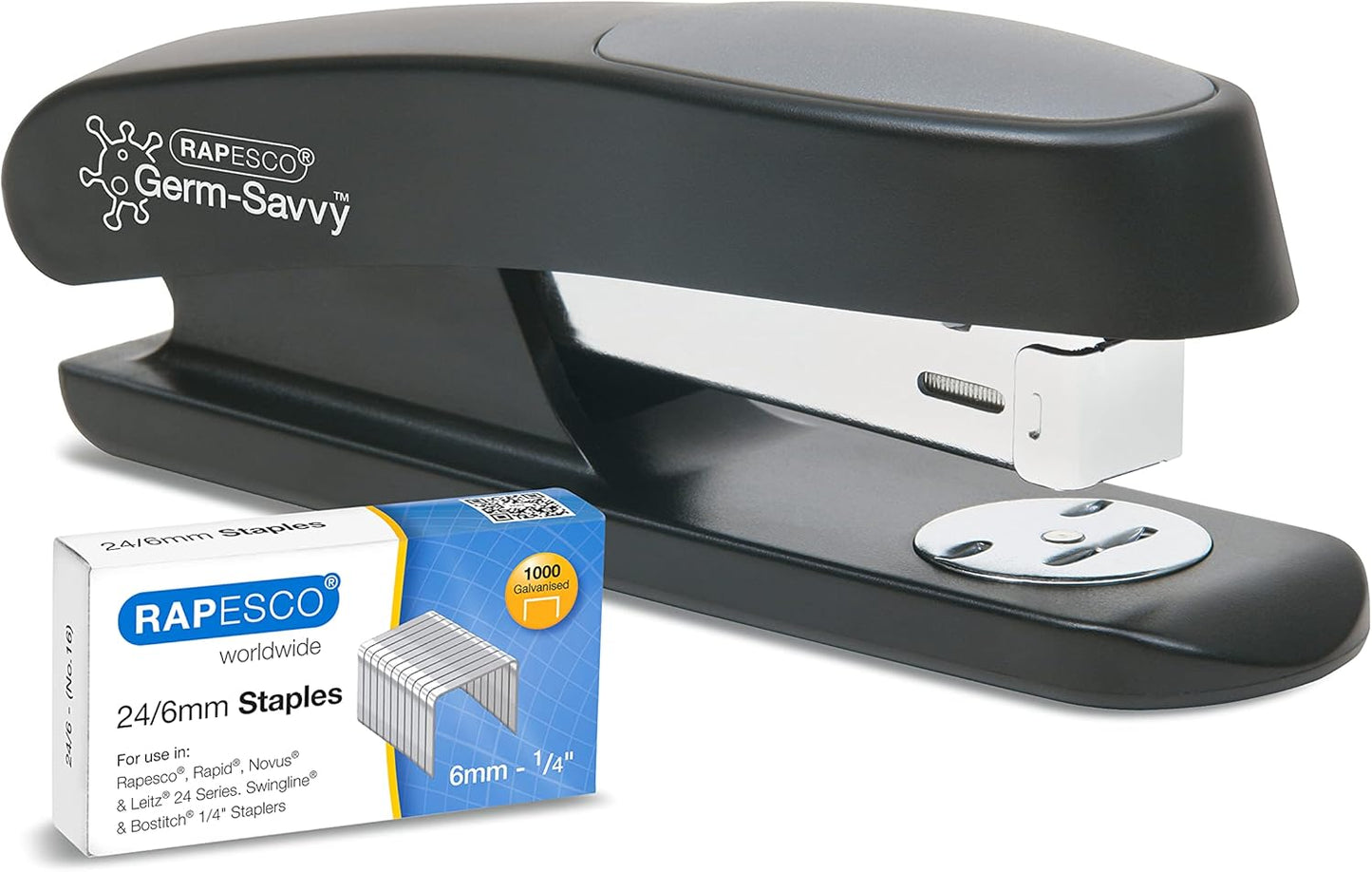 Rapesco 1482 Germ-Savvy Antibacterial ECO Sting Ray Stapler, 20 Sheet Capacity and 1000 24/6 mm Staples, Black