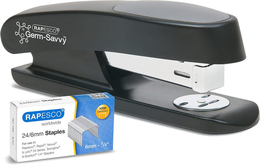 Rapesco 1482 Germ-Savvy Antibacterial ECO Sting Ray Stapler, 20 Sheet Capacity and 1000 24/6 mm Staples, Black