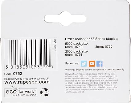 Rapesco 0752 53/8 mm Galvanised Staples, Box of 2000