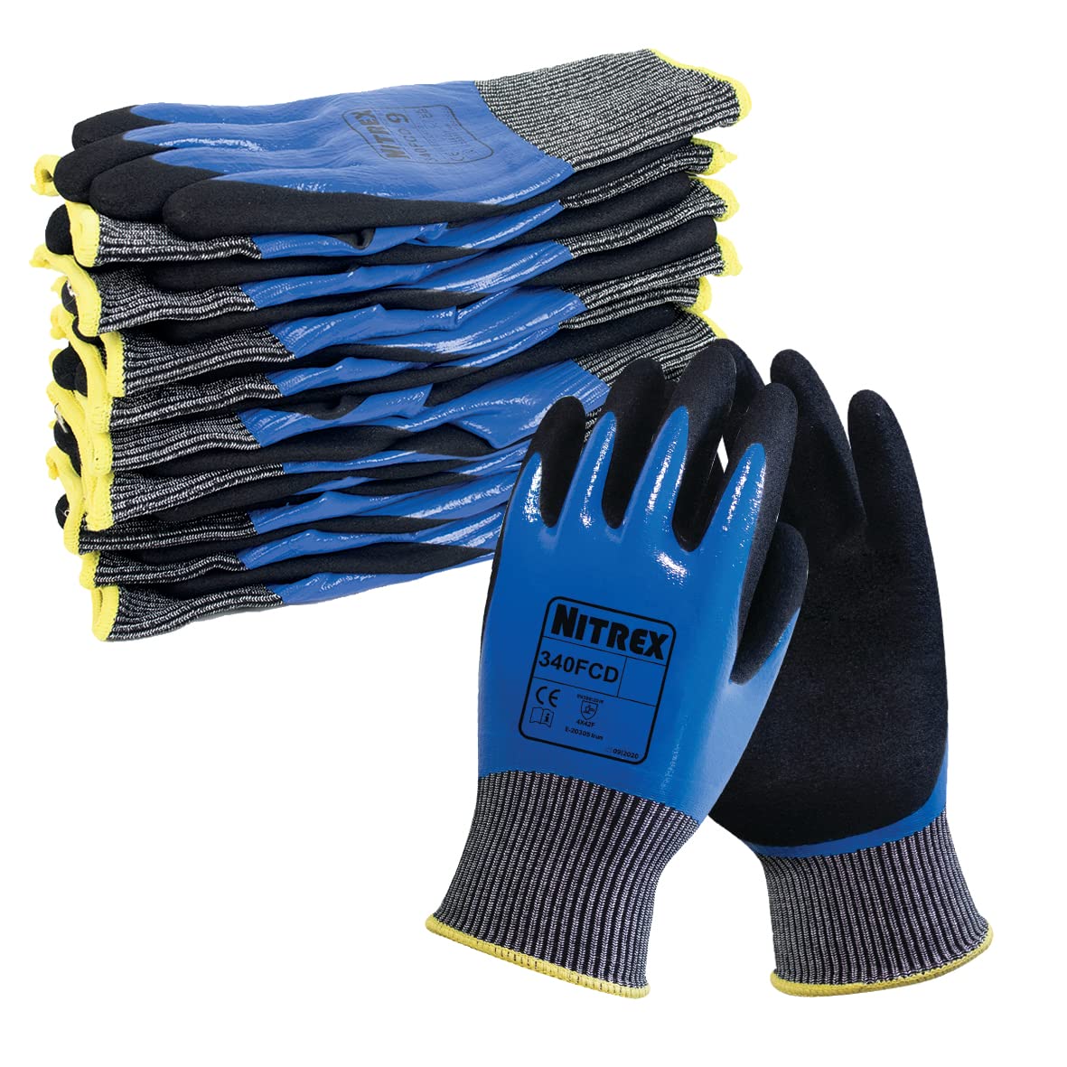NITREX 340FCD Work and Safety Gloves, Bag of 10 Pairs - F Rated Cut Resistant Gloves with Sandy Nitrile Palm Coating in Black/Blue, Size 6