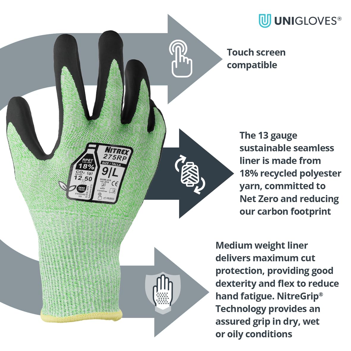 NITREX 275RP Cut Resistant Work and Safety Gloves - 5 Pairs - Sandy Nitrile Palm Coated - Oils and Grease Resistant – Mechanical and Industrial Protective Gloves - Size 8