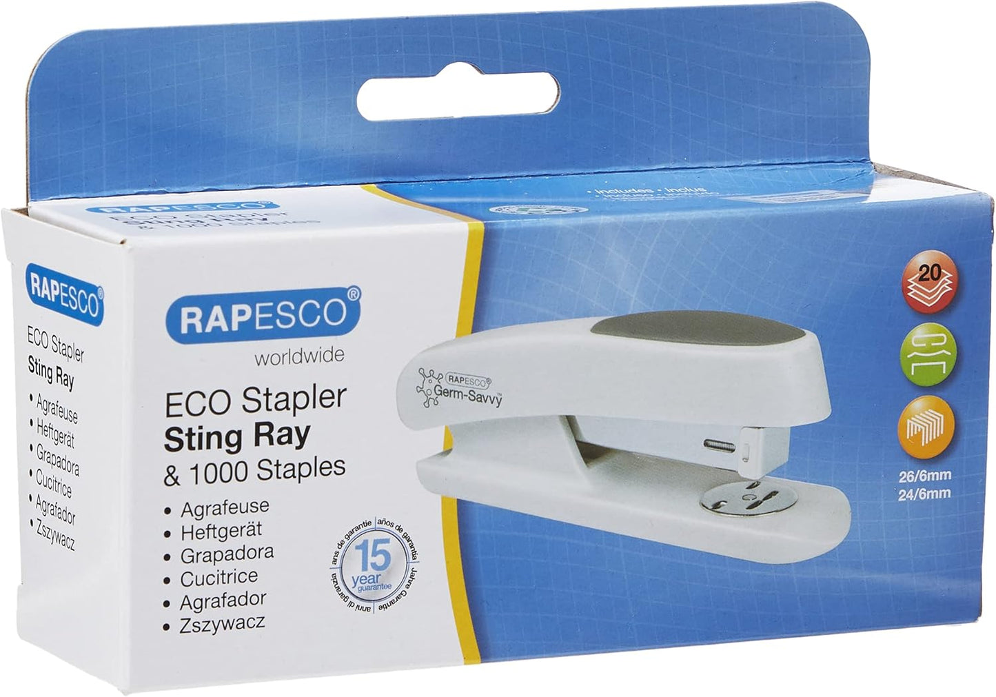 Rapesco 1483 Germ-Savvy Antibacterial, ECO Sting Ray Half Strip Stapler & 1000 x 24/6 mm Staples, Soft White