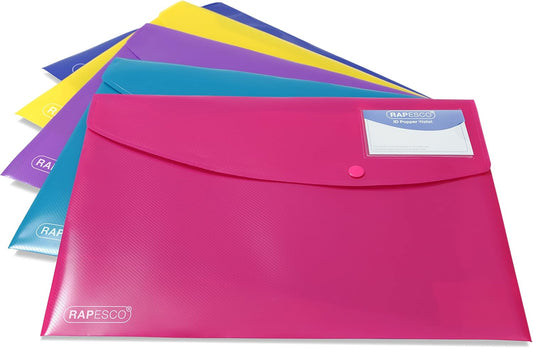 Rapesco 0701 ID Popper Wallet, A4+, Bright Solid Colours, Pack of 5