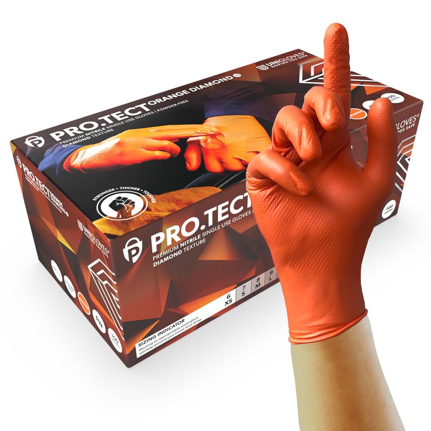 Unigloves PRO.TECT Orange HD GA0053 Nitrile Single Use - Ultra Heavyweight, Multipurpose Powder Free, Silicone Free Disposable Gloves, Box of 100 Gloves, Orange, Medium