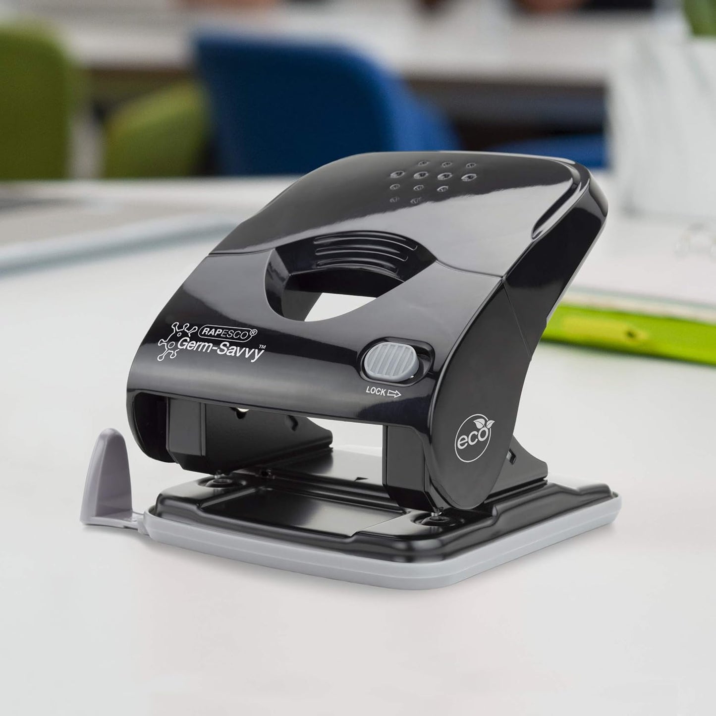 Rapesco 1623 Germ-Savvy Antibacterial, ECO Luna Less Effort Stapler & ECO X5-40ps Less Effort Hole Punch Set, Black