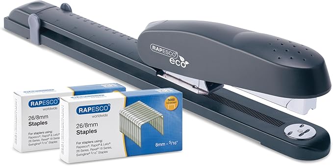 Rapesco 1281 ECO 790 Heavy Duty Long Arm Stapler with 10,000 26/8 mm Staples, 50 Sheet Capacity, Charcoal