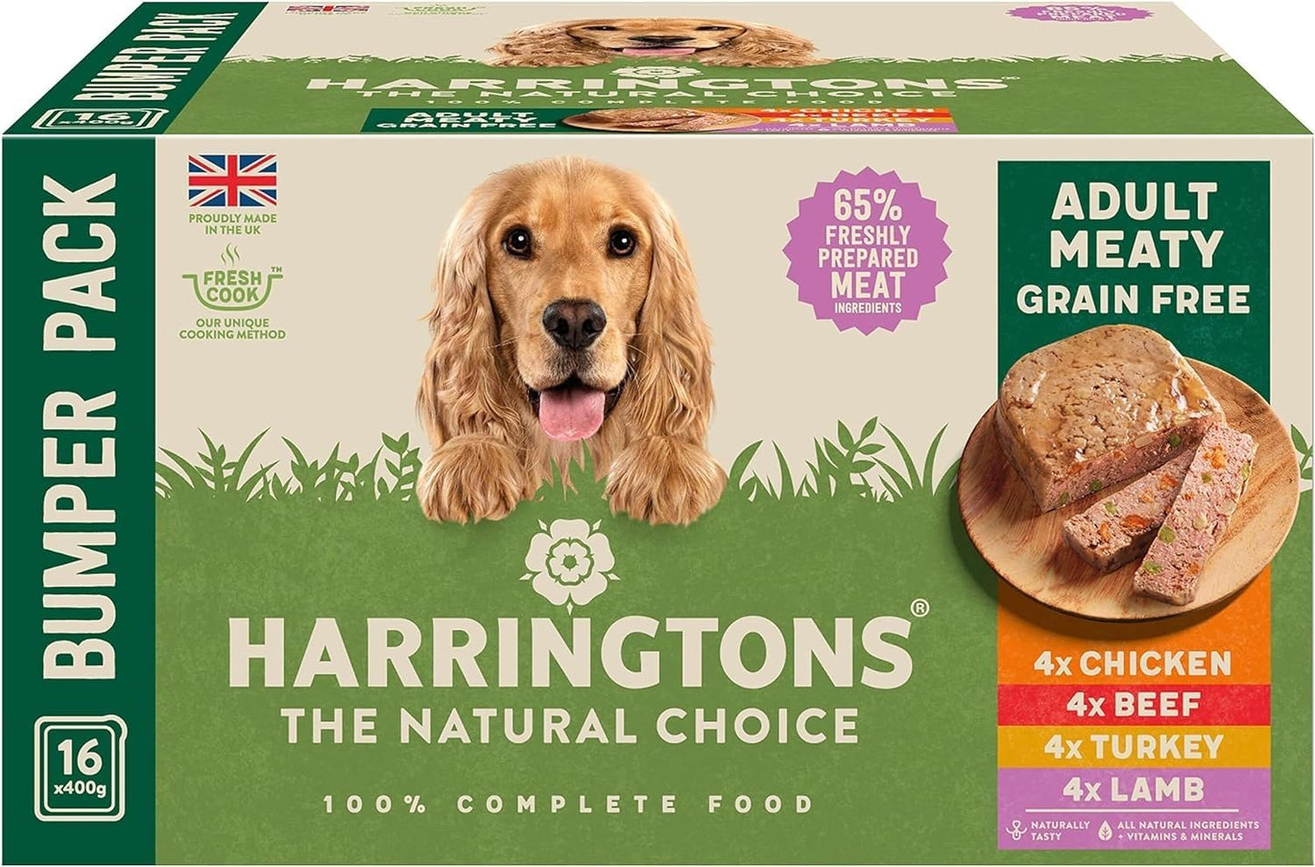 Harringtons Complete Wet Tray Grain Free Hypoallergenic Adult Dog Food Meaty Bumper Pack 16x400g - Chicken, Lamb, Beef & Turkey - Made with All Natural Ingredients