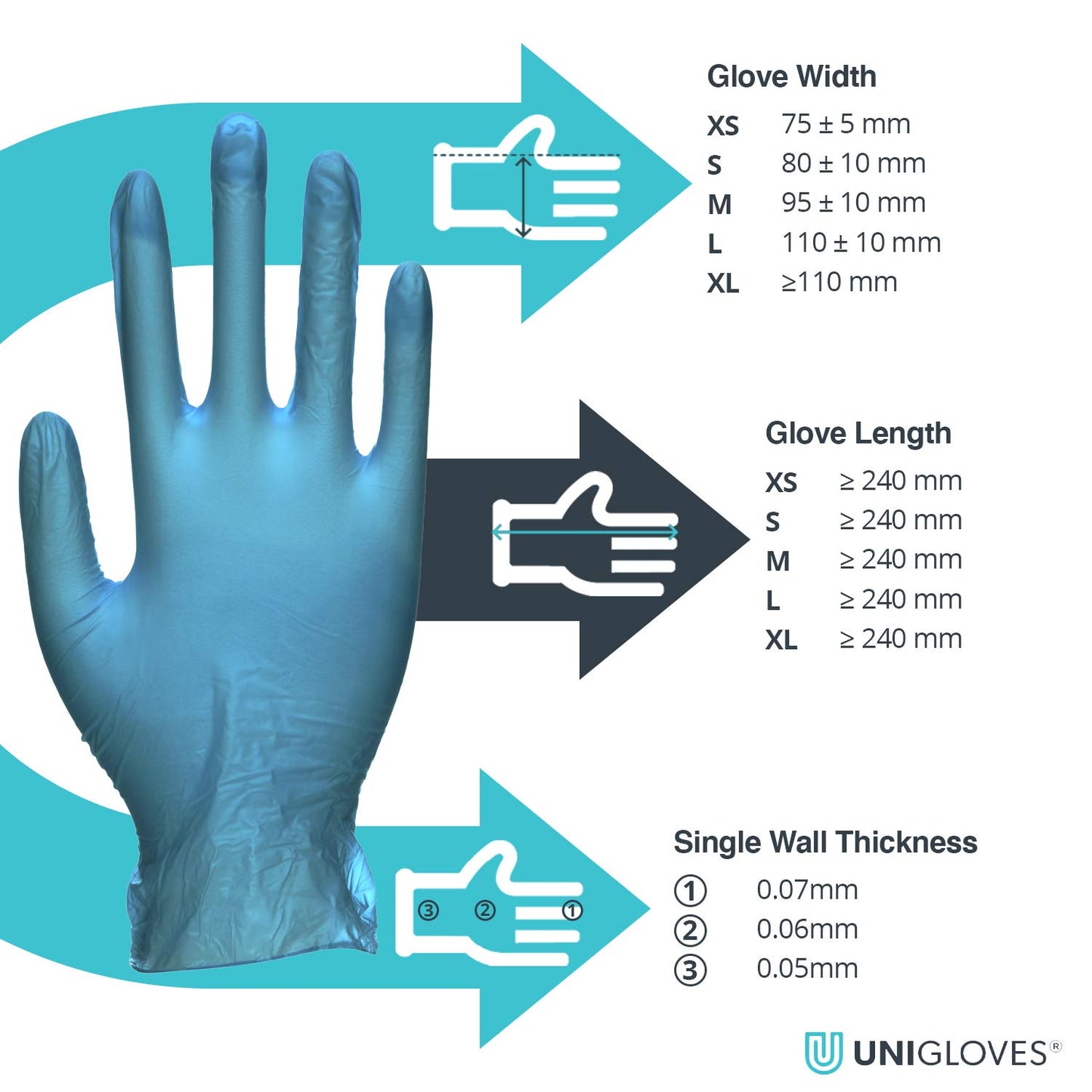 UNIGLOVES GS0083 Examination Gloves, Blue Vinyl-Powder Free, Medium, Set of 100