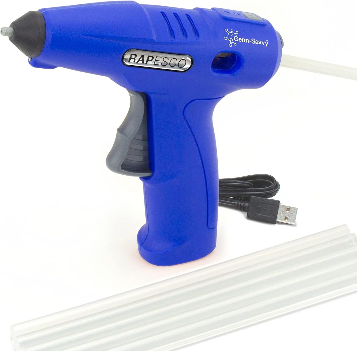 Rapesco 1635 Germ-Savvy Antibacterial, G4-7 USB Cordless Hot Melt Glue Gun with Integrated 4V Lithium-Ion Battery, Blue