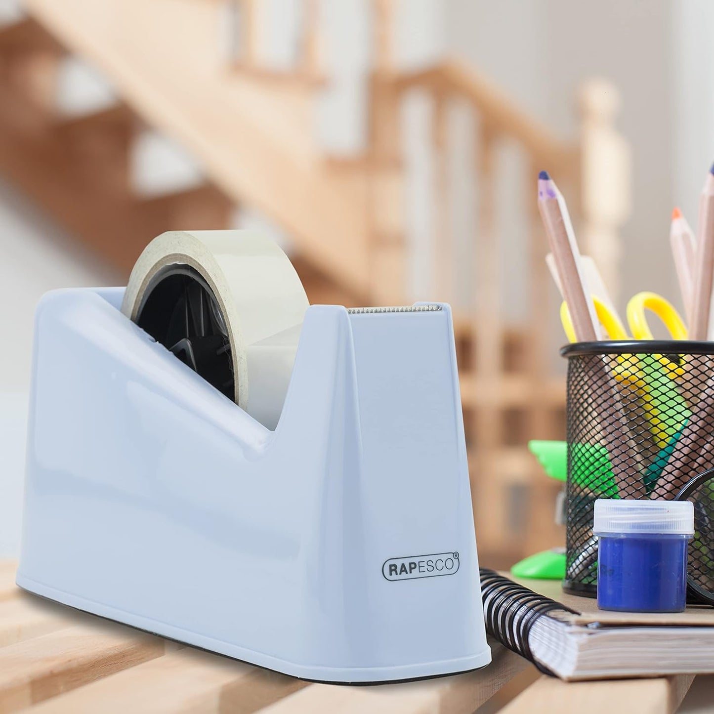 Rapesco 1488 500 Heavy Duty Tape Dispenser with 2 Tape Rolls, Powder Blue
