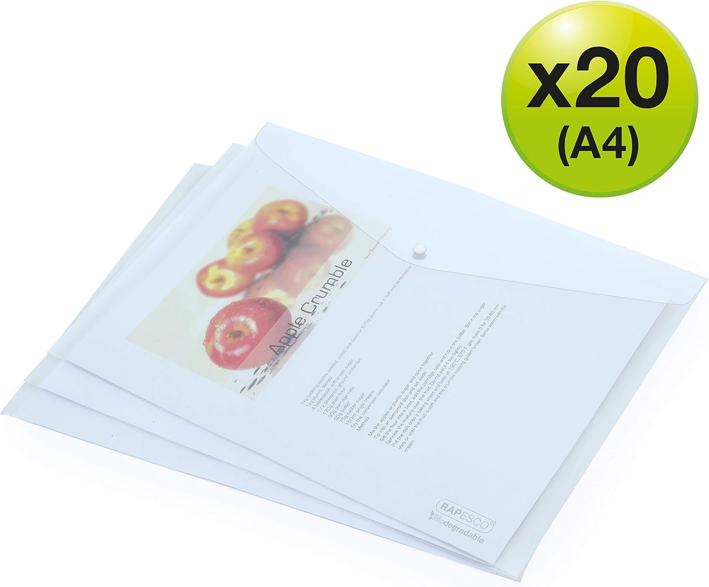 Rapesco 1587 ECO Popper Wallets, Foolscap / A4+, Clear Transparent, Pack of 20