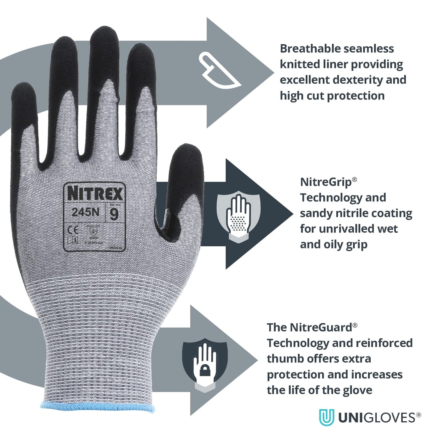 Nitrex 245N Work and Safety Gloves, Bag of 10 Pairs, Size 7 - D Rated Cut Resistant Gloves with Sandy Nitrile Palm Coating