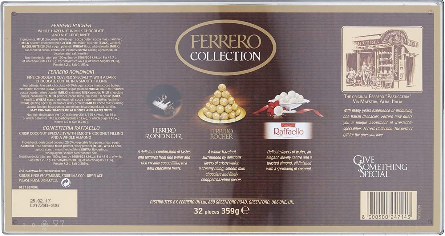 Ferrero Collection Pralines, Christmas, Chocolate Gift, Gifts for Women and Men, Assorted Rocher, Coconut Raffaello and Dark Chocolate Rondnoir, Box of 32 (359g)