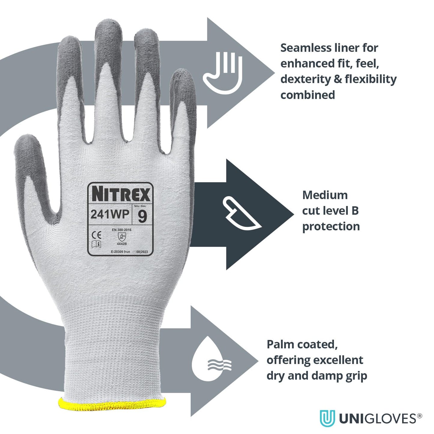 NITREX 241WP 10 Pairs of Work Safety Gloves, PU Palm Coated, 13 Gauge Seamless Liner, Cut Resistant ISO Level B, Excellent Dry Grip, Sanitized Actifresh, Colour White/Grey, Size 6 (241WP-06)