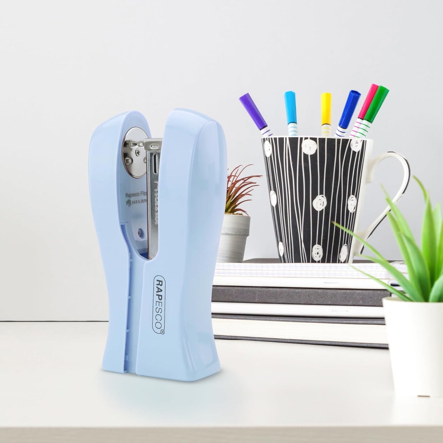 Rapesco 1379 Stand Up/Space-Saving Stapler, 20 Sheet Capacity, Powder Blue