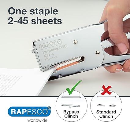 Rapesco 1626 Porpoise ONE Bypass Stapling Plier with Germ-Savvy Bag and 1000 x 24/8mm Staples, Uses 24/8mm Staples, ONE Size only for 2-45 Sheet Capacity, Chrome